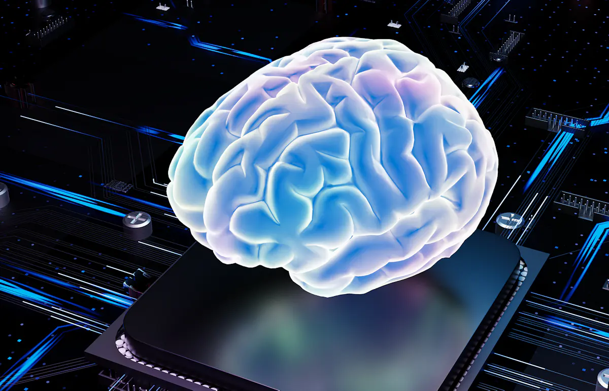 3D render of a glowing brain on a computer chip