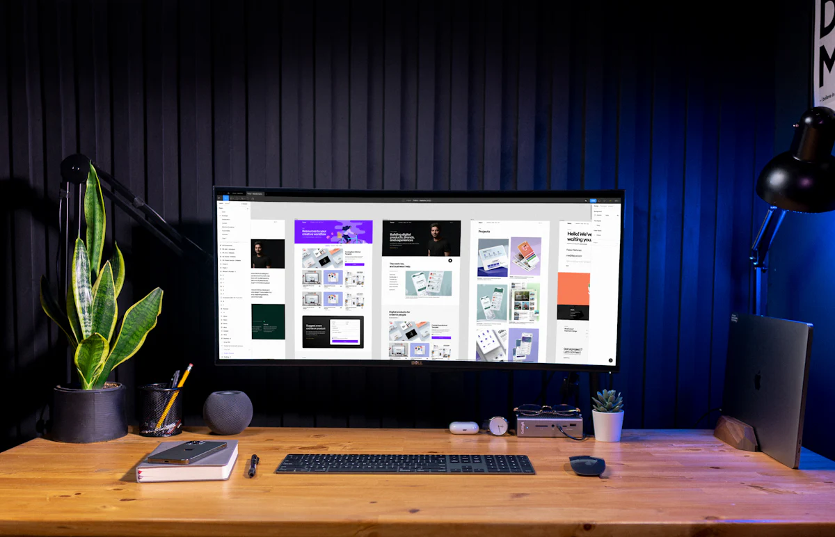 Desk with a wide monitor showing website layouts